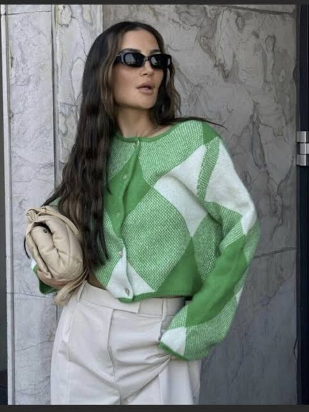 Zara Green Argyle Knit Cardigan in Size Medium